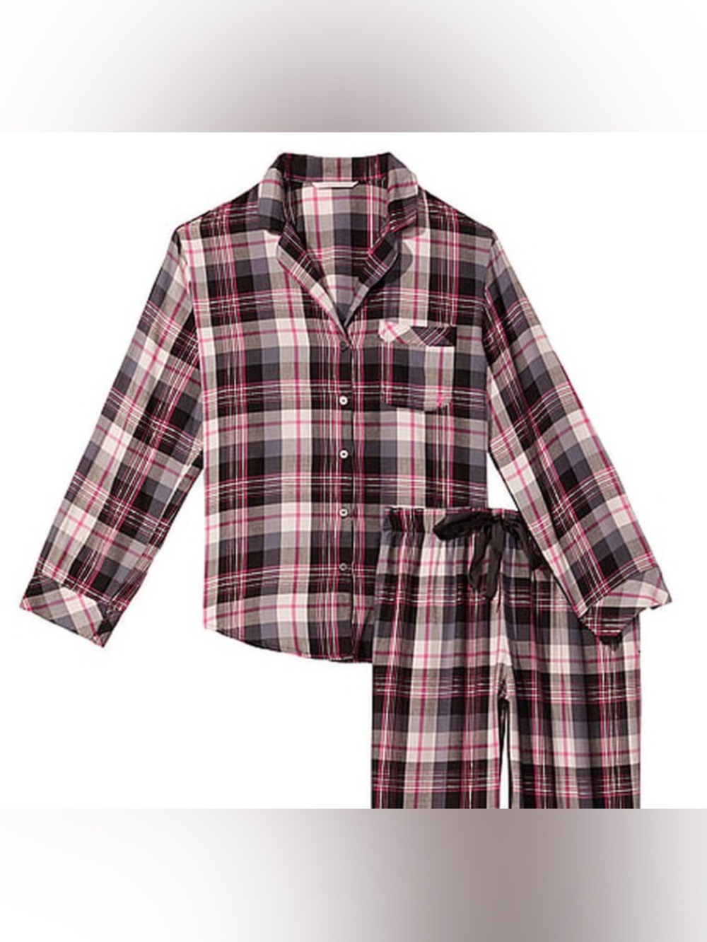 VICTORIA'S SECRET || Flannel Pajama Top in Black + Pink Lurex Plaid - SZ Small